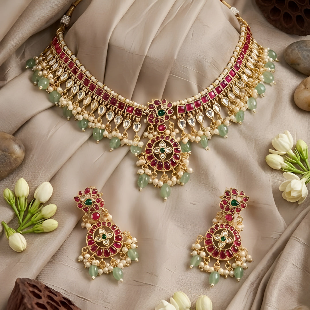 Traditional Kundan choker necklace set with ruby stones, green bead drops, gold finish, and matching earrings for bridal and wedding wear.
