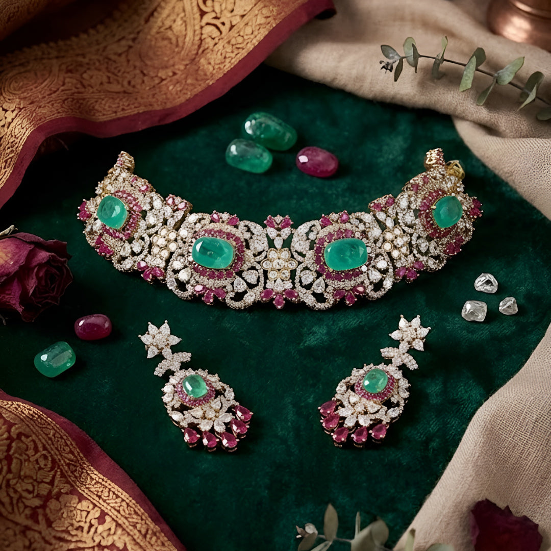 Luxury emerald green kundan choker necklace set with sparkling polki stones, ruby pink accents, and matching chandelier earrings for bridal and wedding wear.