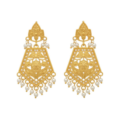 Temple-style gold plated necklace set with long matching earrings on red display stand