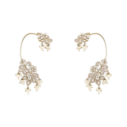 Gold-plated crystal and pearl statement earrings with floral design and dangling pearl accents for weddings and party wear.