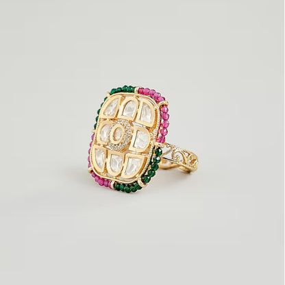 Traditional Kundan Polki Statement Ring with Ruby & Emerald Stones