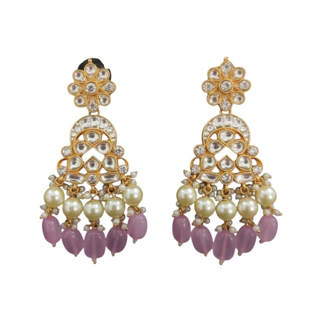Kundan Pearl Bridal Necklace Set with Pink Beads & Maang Tikka