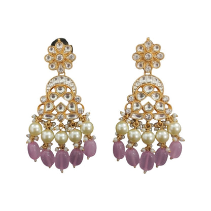 Kundan Pearl Bridal Necklace Set with Pink Beads & Maang Tikka