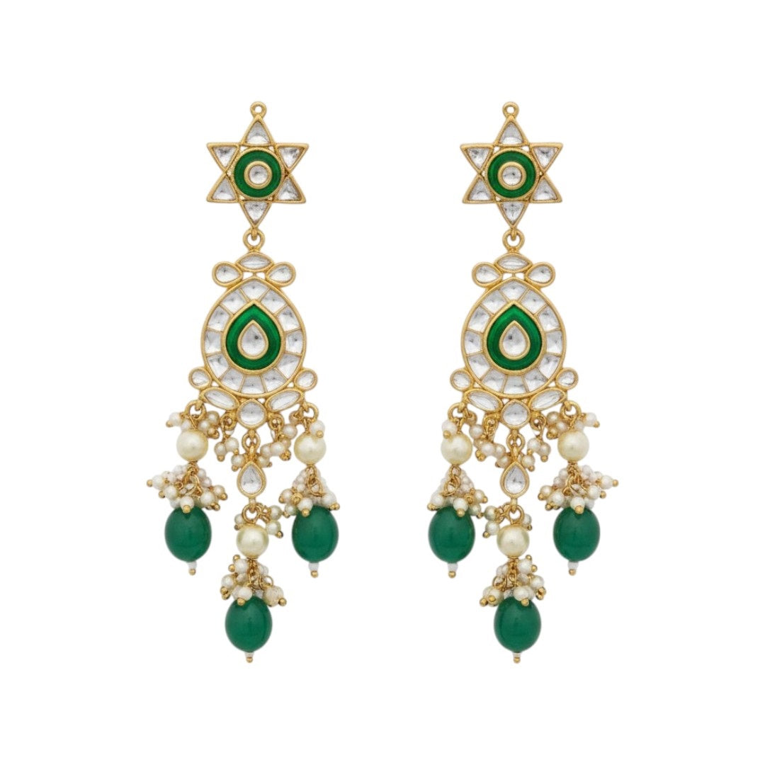 Gold-Plated Kundan Choker Necklace Set with Green Beads & Pearl Drops
