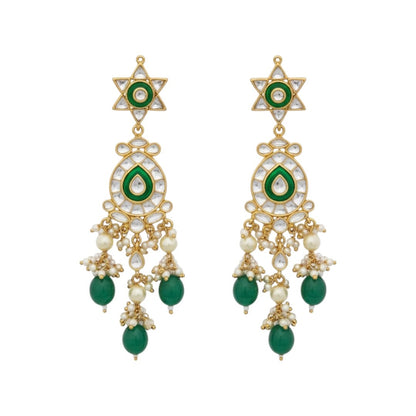 Gold-Plated Kundan Choker Necklace Set with Green Beads & Pearl Drops