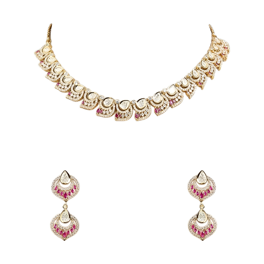 Luxury Pink & White Crystal Statement Necklace Set with Matching Drop Earrings