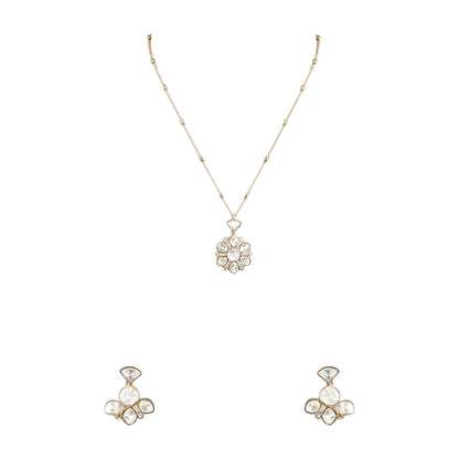 Gold-tone floral crystal pendant necklace with matching crystal earrings jewelry set featuring sparkling clear stones and elegant flower design.