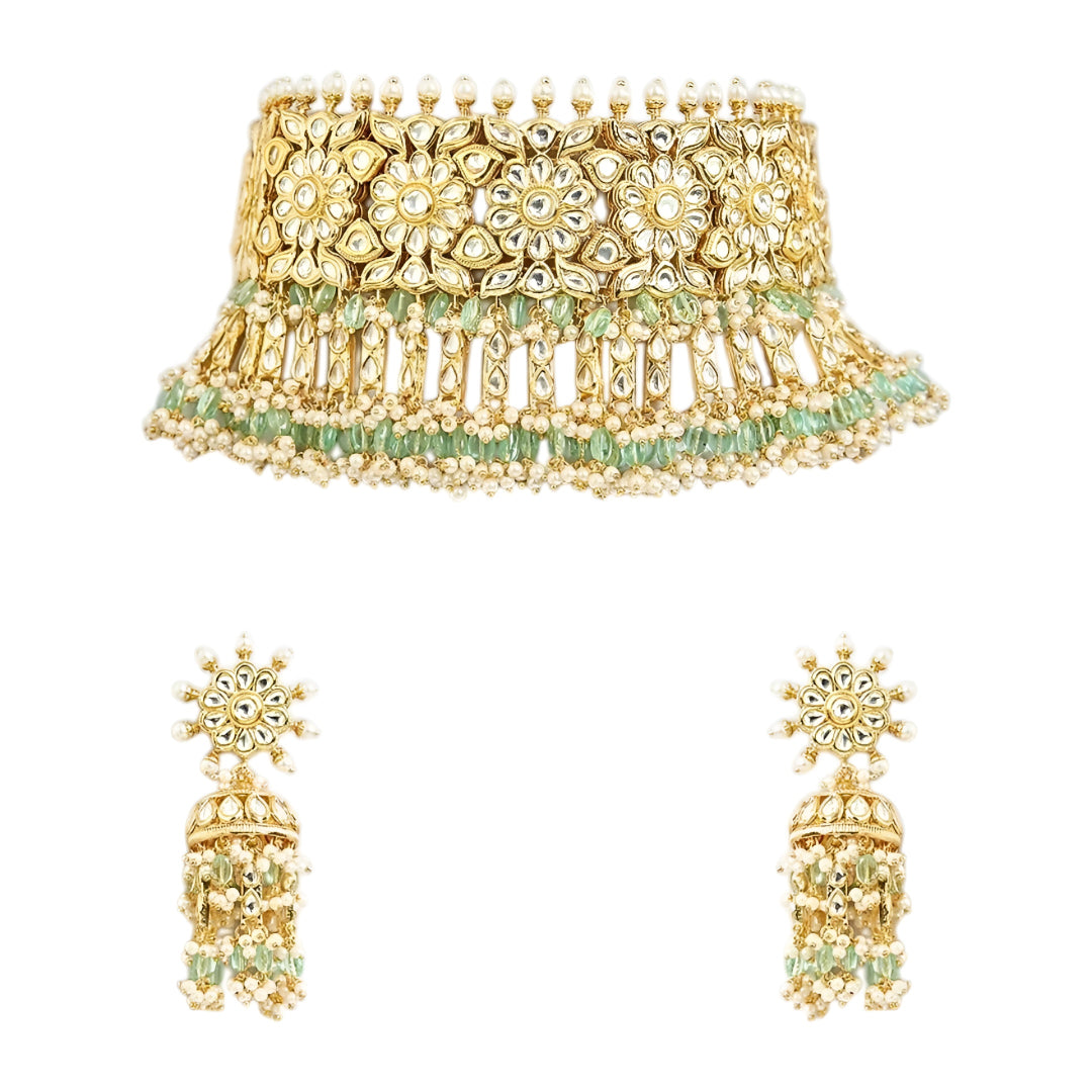 Gold Plated Floral Kundan Choker Necklace Set with Mint Green Beads and Matching Jhumka Earrings for Women Bridal Wedding Jewelry