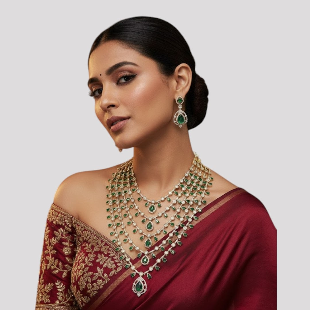 "Multi-layered gold-plated Kundan necklace set with pastel pink and green stones and matching earrings"