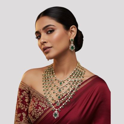 "Multi-layered gold-plated Kundan necklace set with pastel pink and green stones and matching earrings"