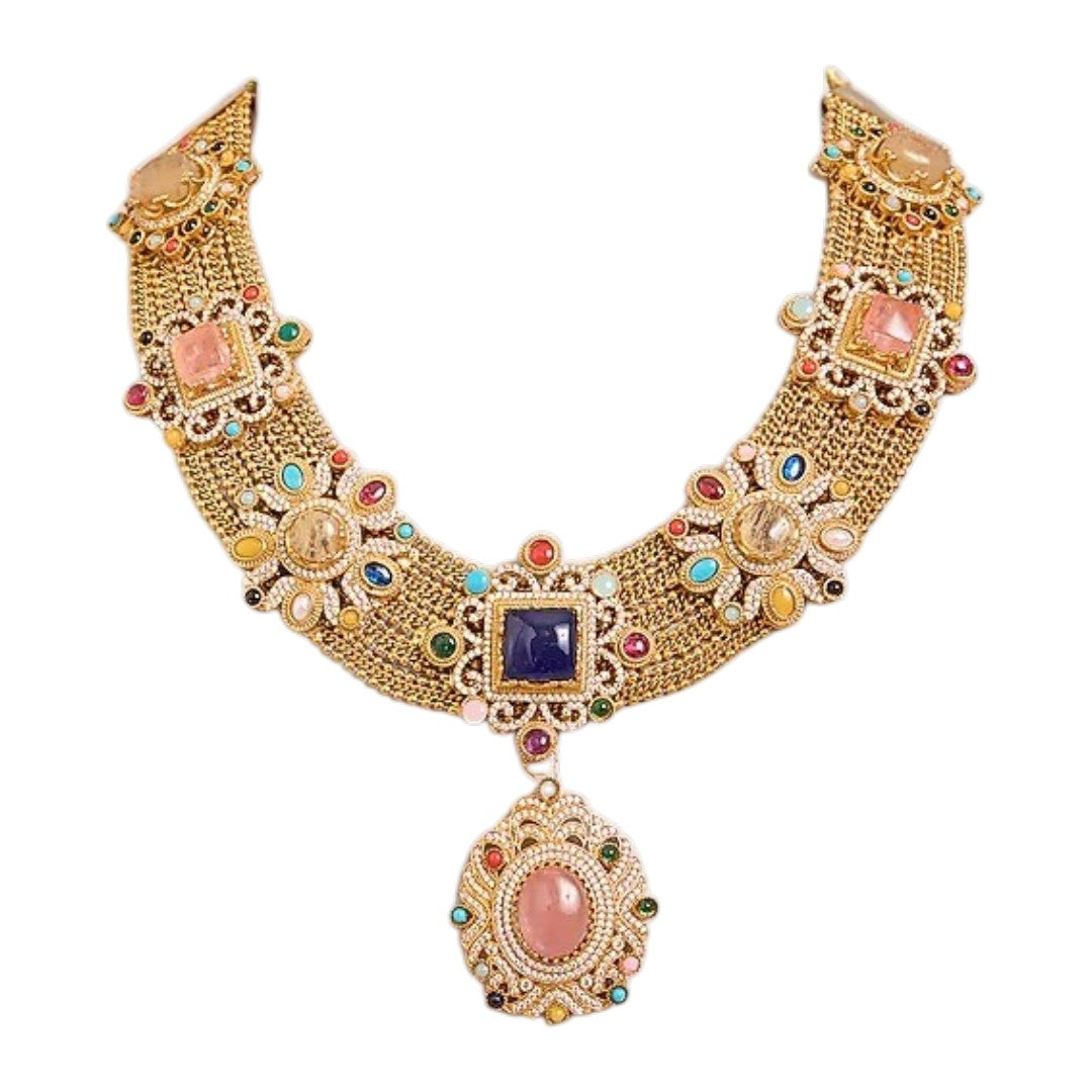 Royal Victorian antique gold statement necklace set with multicolor gemstones, pendant design, and matching earrings for women.