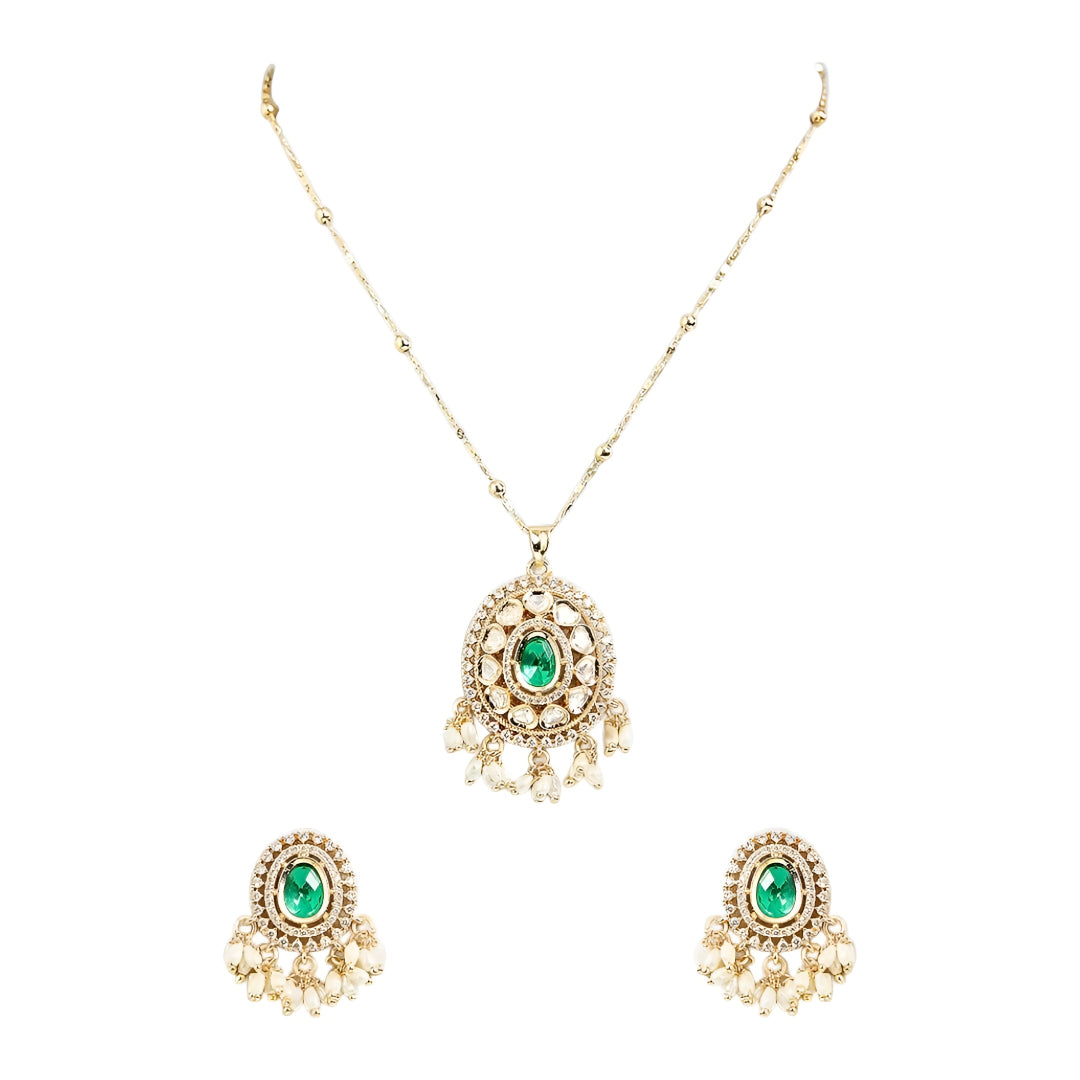 Gold Plated Green Kundan Pendant Necklace Set with Pearl Drop Earrings for Women Traditional Bridal Wedding Jewelry