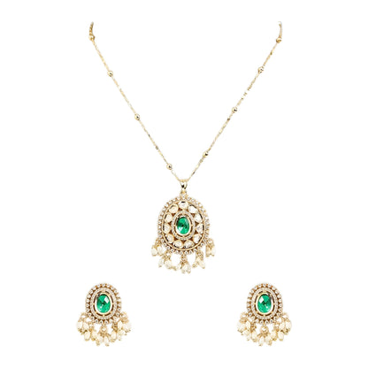 Gold Plated Green Kundan Pendant Necklace Set with Pearl Drop Earrings for Women Traditional Bridal Wedding Jewelry