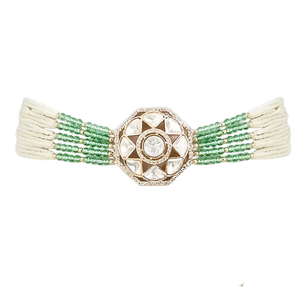 Mint green beaded Kundan choker necklace set featuring a geometric gold-toned centerpiece with matching stud earrings on a white background.