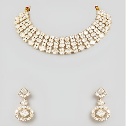 Gold-tone Kundan choker necklace set with matching earrings featuring white uncut-style stones, ideal for bridal, wedding, and festive wear.