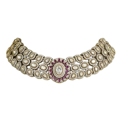 Royal pink stone and American diamond bridal choker necklace set with matching earrings in antique gold finish