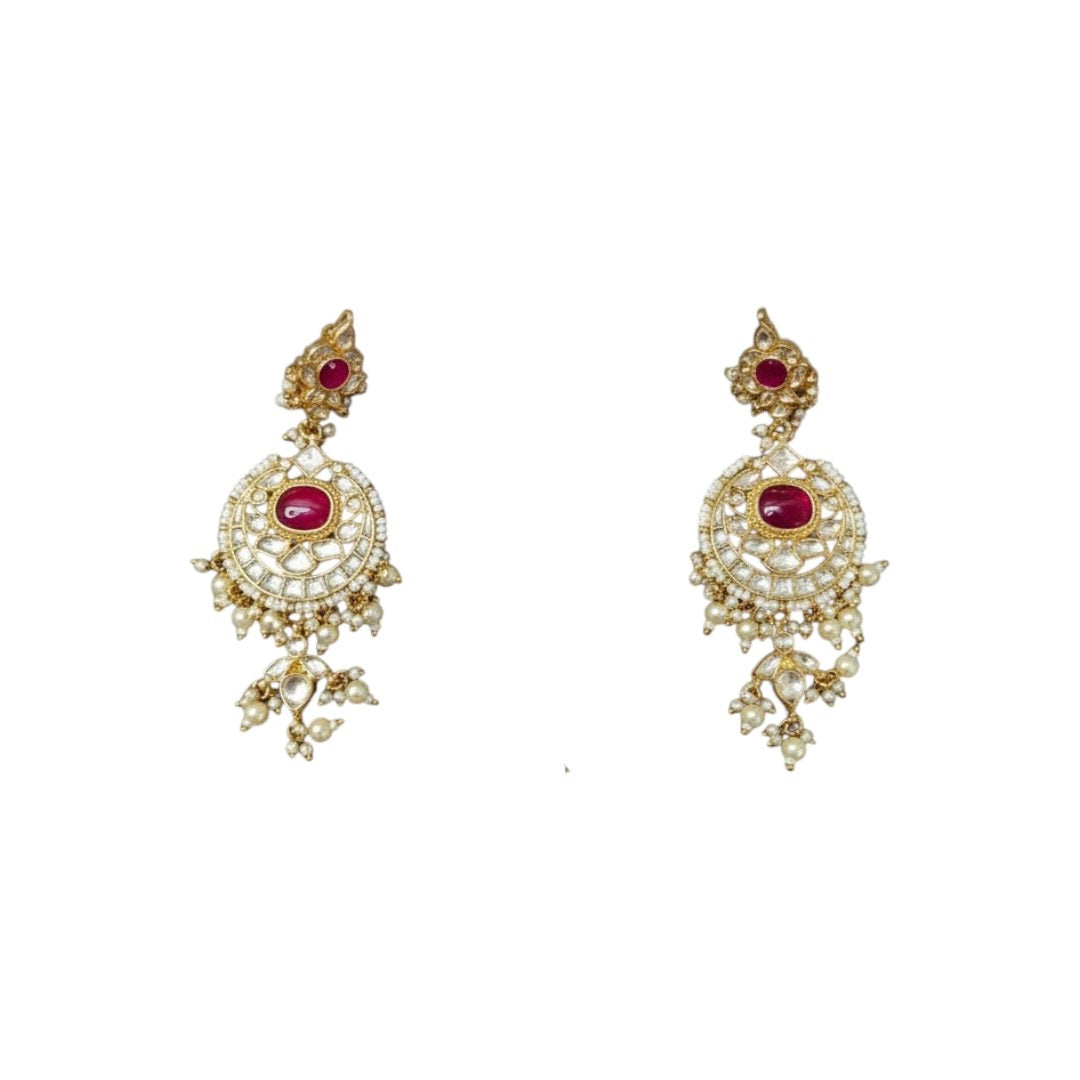 Gold-Plated Kundan Choker Necklace Set with Ruby Red Stones, Pearls & Maang Tikka