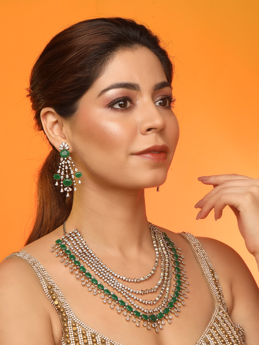Silver-tone multi-layer emerald green necklace set with chandelier earrings, statement bridal jewelry with oval green stones and crystal detailing