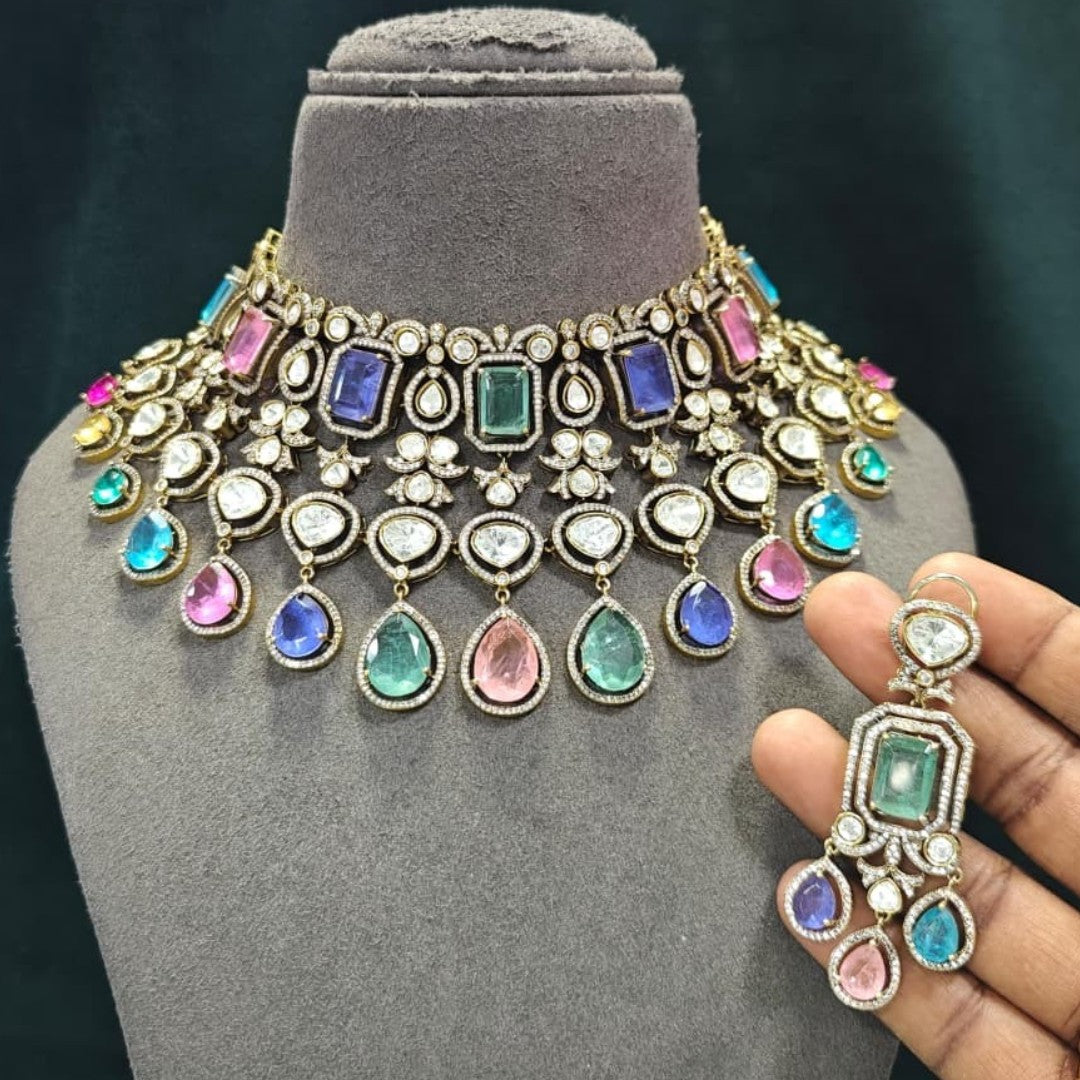 Luxury Multicolor Kundan Choker Necklace Set with Earrings Antique Gold Bridal & Party Wear Jewelry