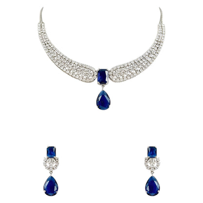 Elegant blue sapphire crystal choker necklace set with zircon-studded silver finish and matching drop earrings for women.
