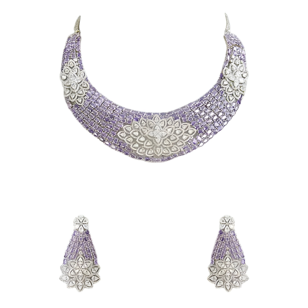 Luxury lavender crystal statement choker necklace set with floral zircon detailing and matching earrings for women.