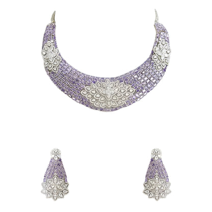Luxury lavender crystal statement choker necklace set with floral zircon detailing and matching earrings for women.