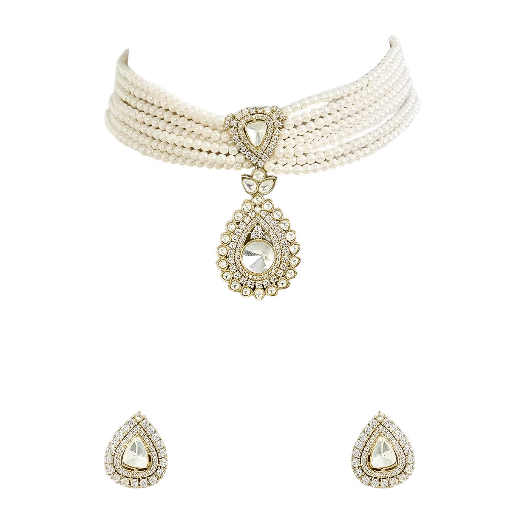 Multi-strand pearl choker necklace featuring a teardrop Kundan pendant with matching stud earrings on a white background.
