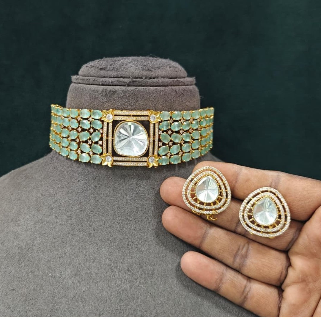 Mint green stone choker necklace set with matching teardrop earrings in gold plating by Auraa Trends