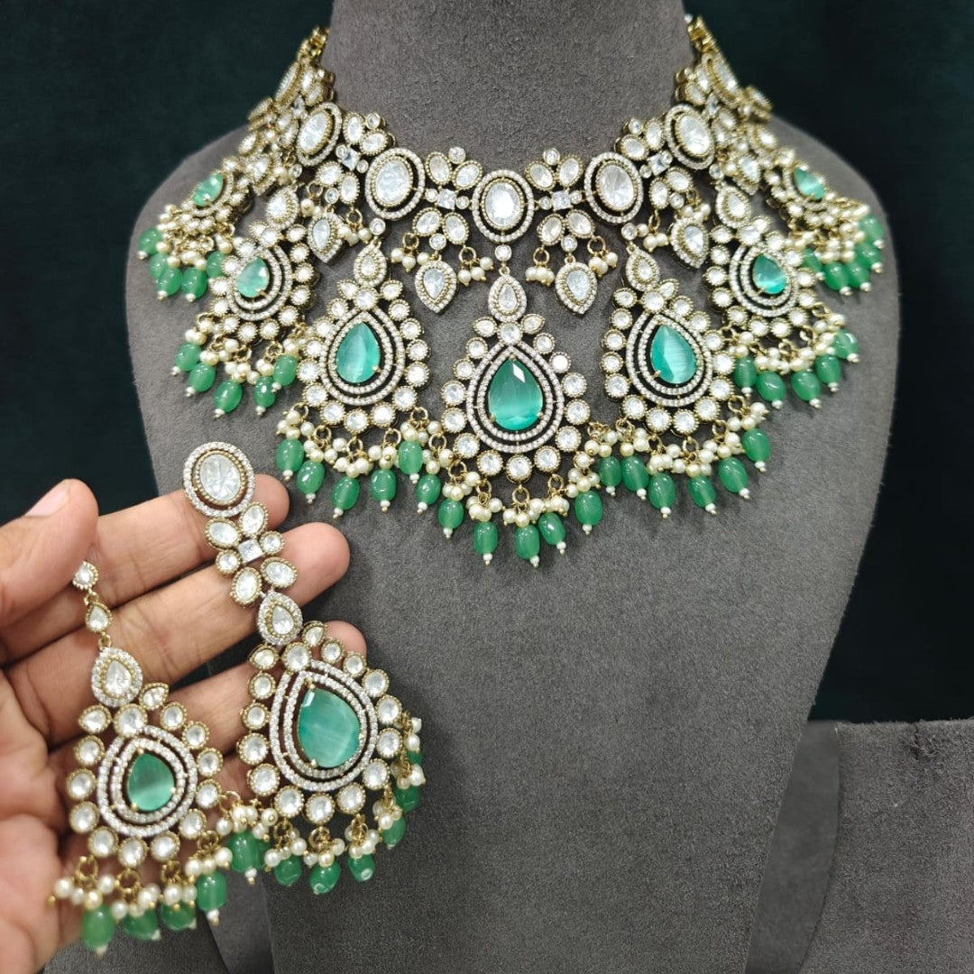 Luxury Green Kundan Bridal Choker Necklace Set with Matching Earrings Traditional Wedding Jewelry