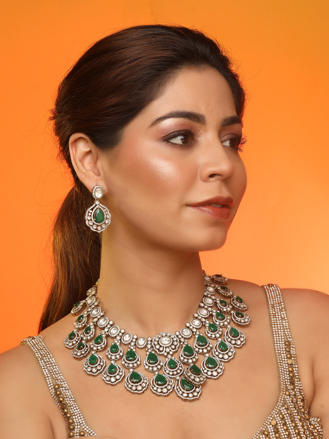 Traditional Kundan Emerald Green Necklace Set with Earrings Gold Tone Bridal Jewelry