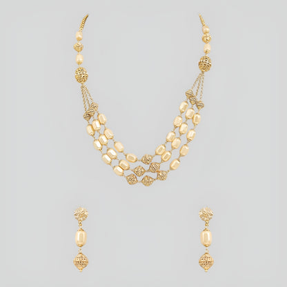 Elegant multi-layer ivory pearl beaded necklace set with gold-tone filigree accents and matching drop earrings for women.