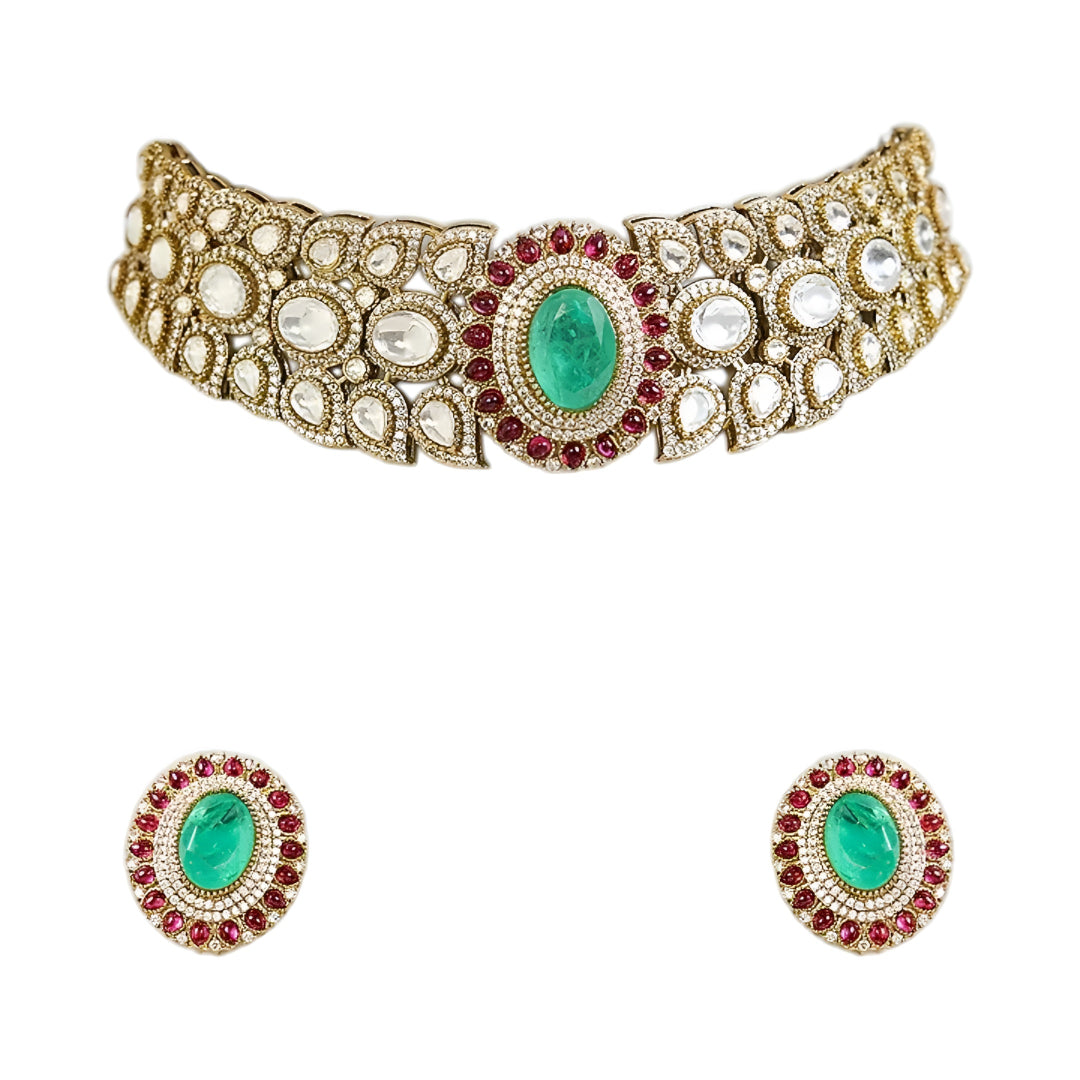 Royal Green Kundan Choker Necklace Set with Ruby Accents | Bridal Traditional Jewelry Set for Women