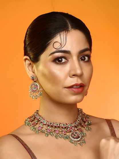 Gold Plated Kundan Necklace Set with Pink & Green Stones and Drop Beads