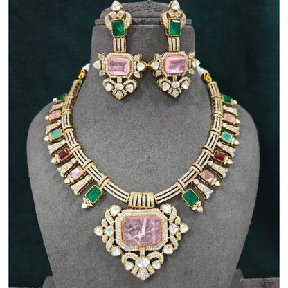 Multicolor tourmaline style necklace set with matching earrings in gold plating by Auraa Trends