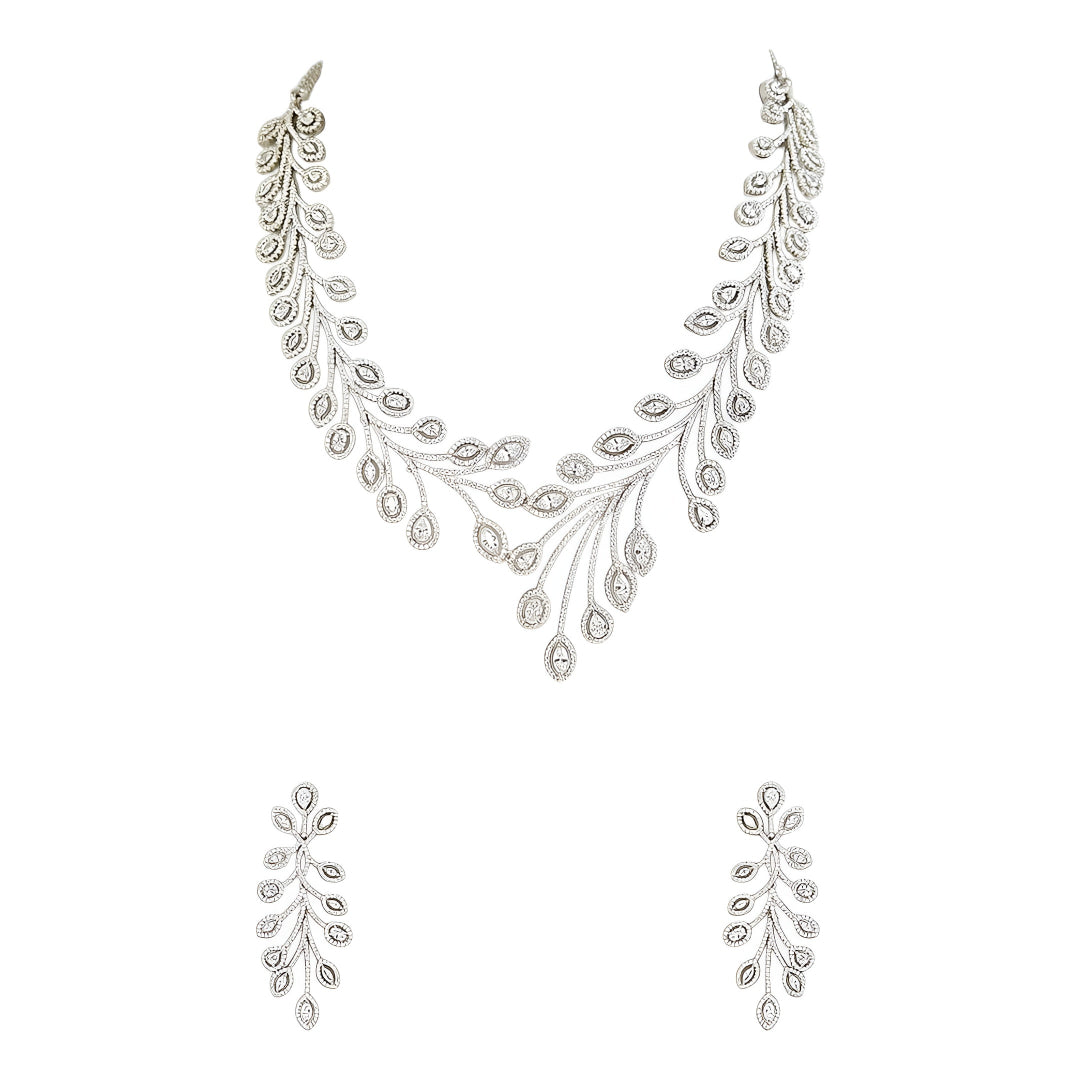 Elegant leaf design diamond necklace set with matching earrings in white gold finish, luxury bridal jewelry for weddings and special occasions.