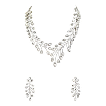 Elegant leaf design diamond necklace set with matching earrings in white gold finish, luxury bridal jewelry for weddings and special occasions.
