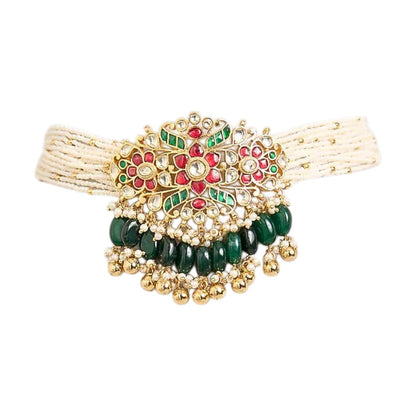Traditional Kundan pearl choker necklace set with green bead drops and matching earrings in gold-plated finish for bridal and festive wear.