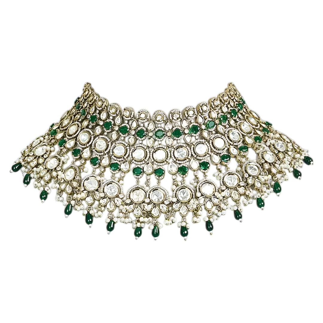 Emerald green stone Kundan bridal choker necklace set with crystal detailing and matching long earrings