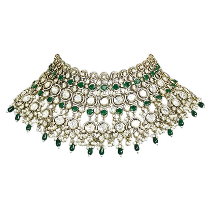 Emerald green stone Kundan bridal choker necklace set with crystal detailing and matching long earrings