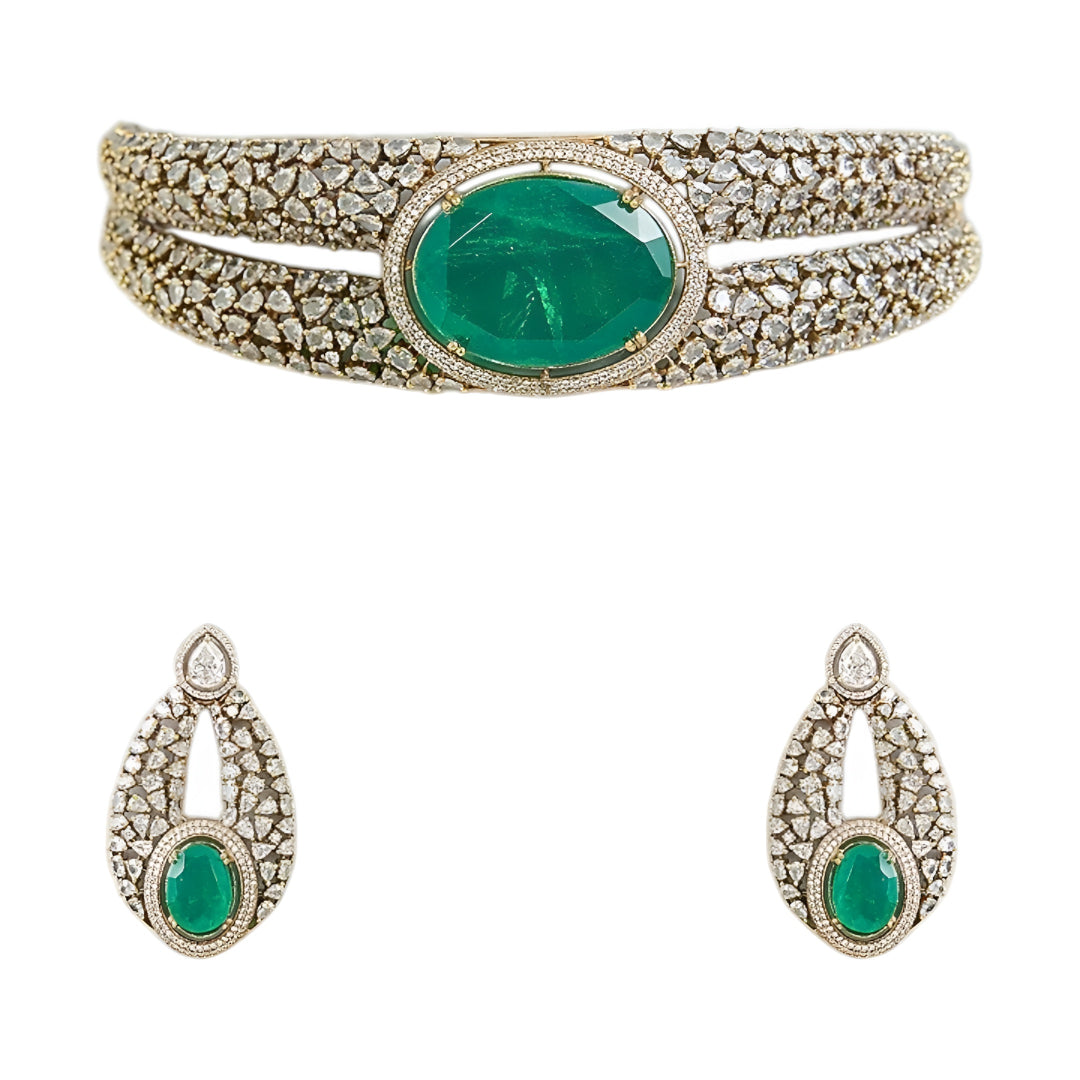 Luxury emerald green stone choker necklace set with sparkling Polki-inspired crystals and matching drop earrings for bridal and wedding jewelry.