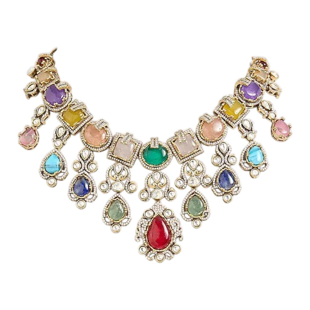 Luxury Multicolor Kundan Statement Necklace Set with Ruby Drop Earrings for Women