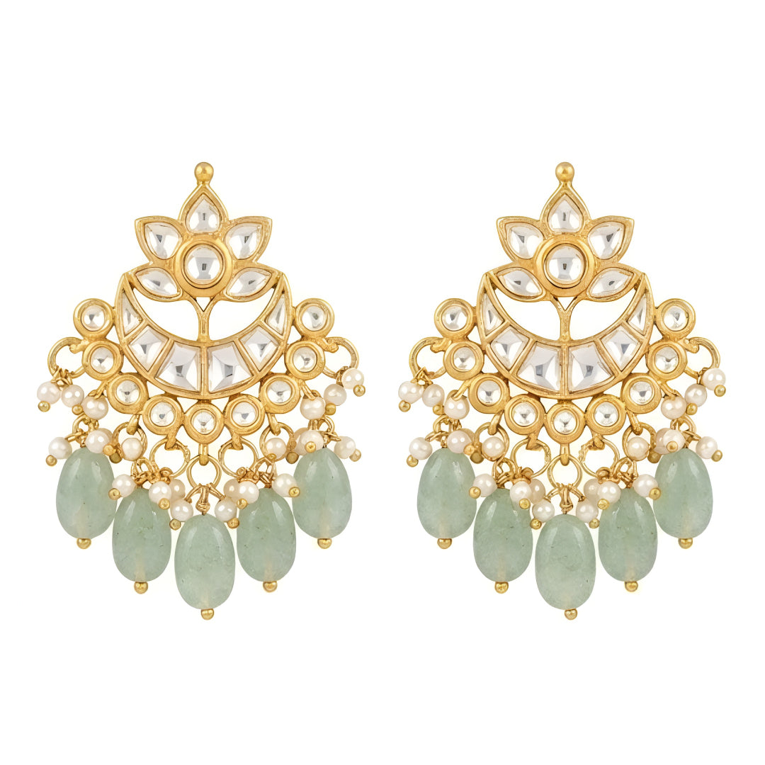 "Woman wearing gold Kundan choker necklace set with green beaded drops and matching chandbali earrings, bridal jewellery"