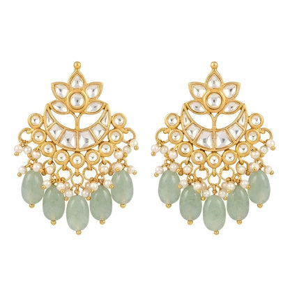 "Woman wearing gold Kundan choker necklace set with green beaded drops and matching chandbali earrings, bridal jewellery"