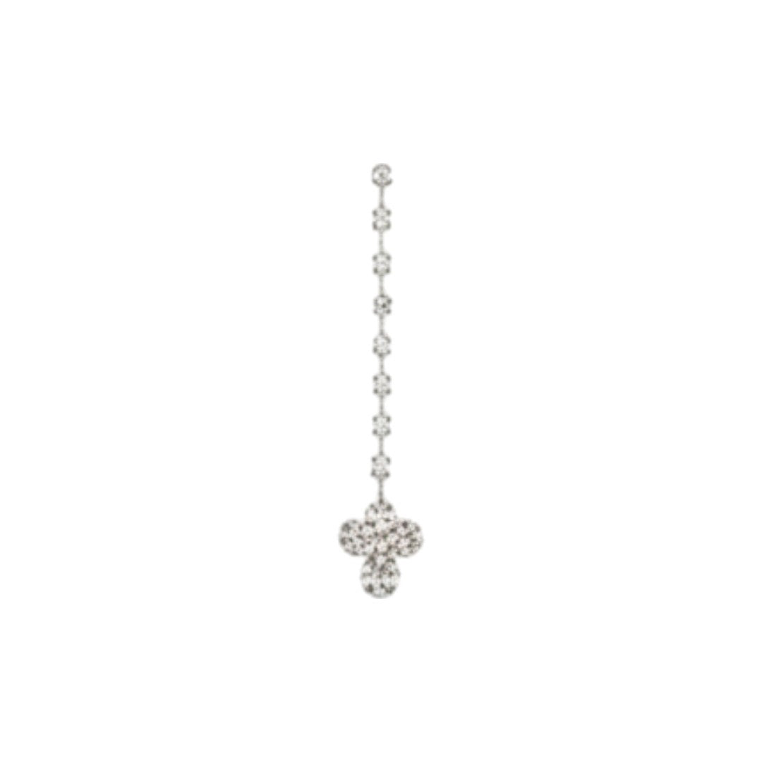 Silver-plated cascading crystal necklace set with earrings and maang tikka for bridal and festive occasions.
