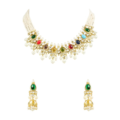 Gold-toned Navratna Kundan choker necklace set with multicolored stones, pearl drops, and matching green stone jhumka earrings on a white background.