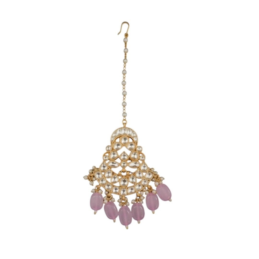 Kundan Pearl Bridal Necklace Set with Pink Beads & Maang Tikka