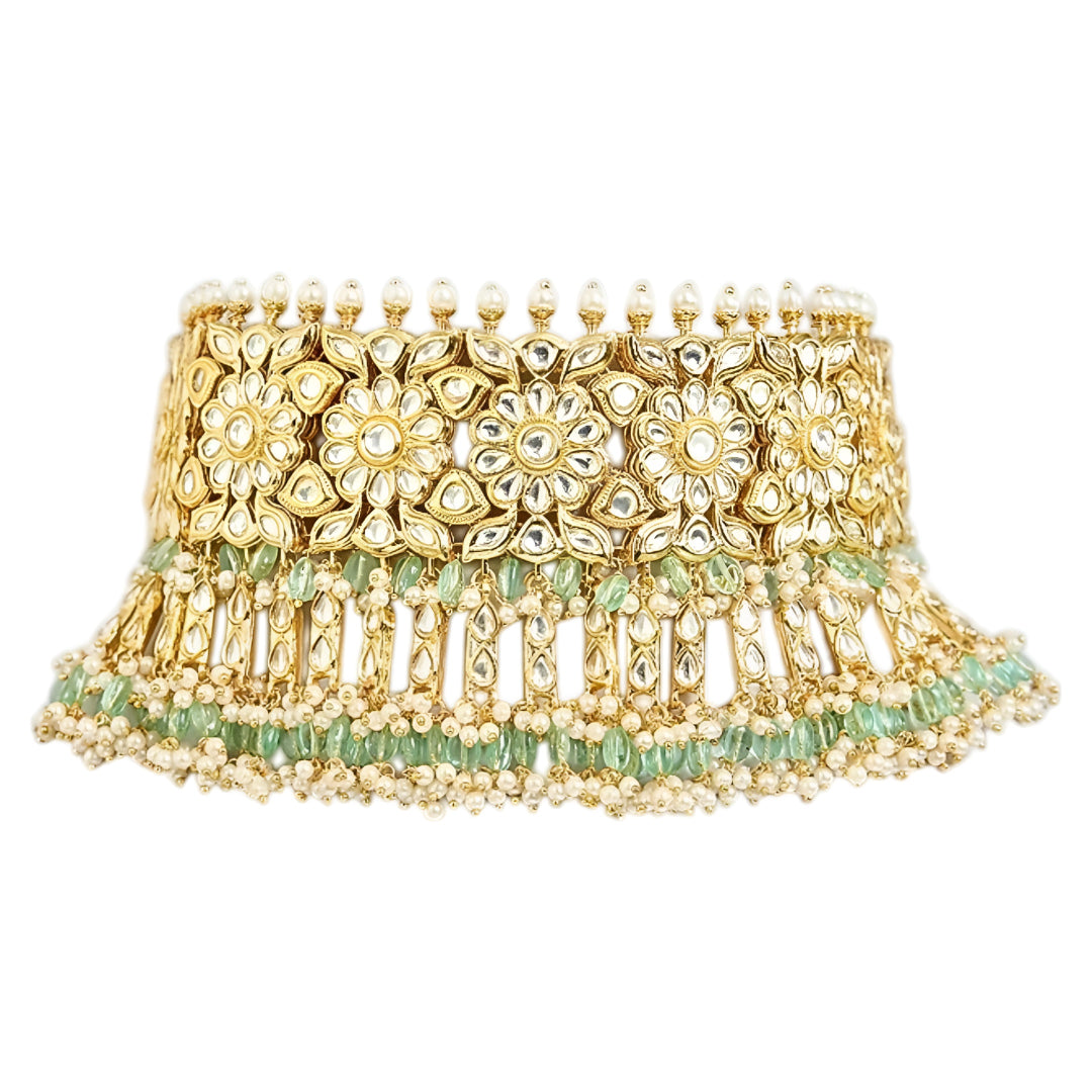 Gold Plated Floral Kundan Choker Necklace Set with Mint Green Beads and Matching Jhumka Earrings for Women Bridal Wedding Jewelry