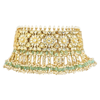 Gold Plated Floral Kundan Choker Necklace Set with Mint Green Beads and Matching Jhumka Earrings for Women Bridal Wedding Jewelry