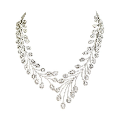 Elegant leaf design diamond necklace set with matching earrings in white gold finish, luxury bridal jewelry for weddings and special occasions.
