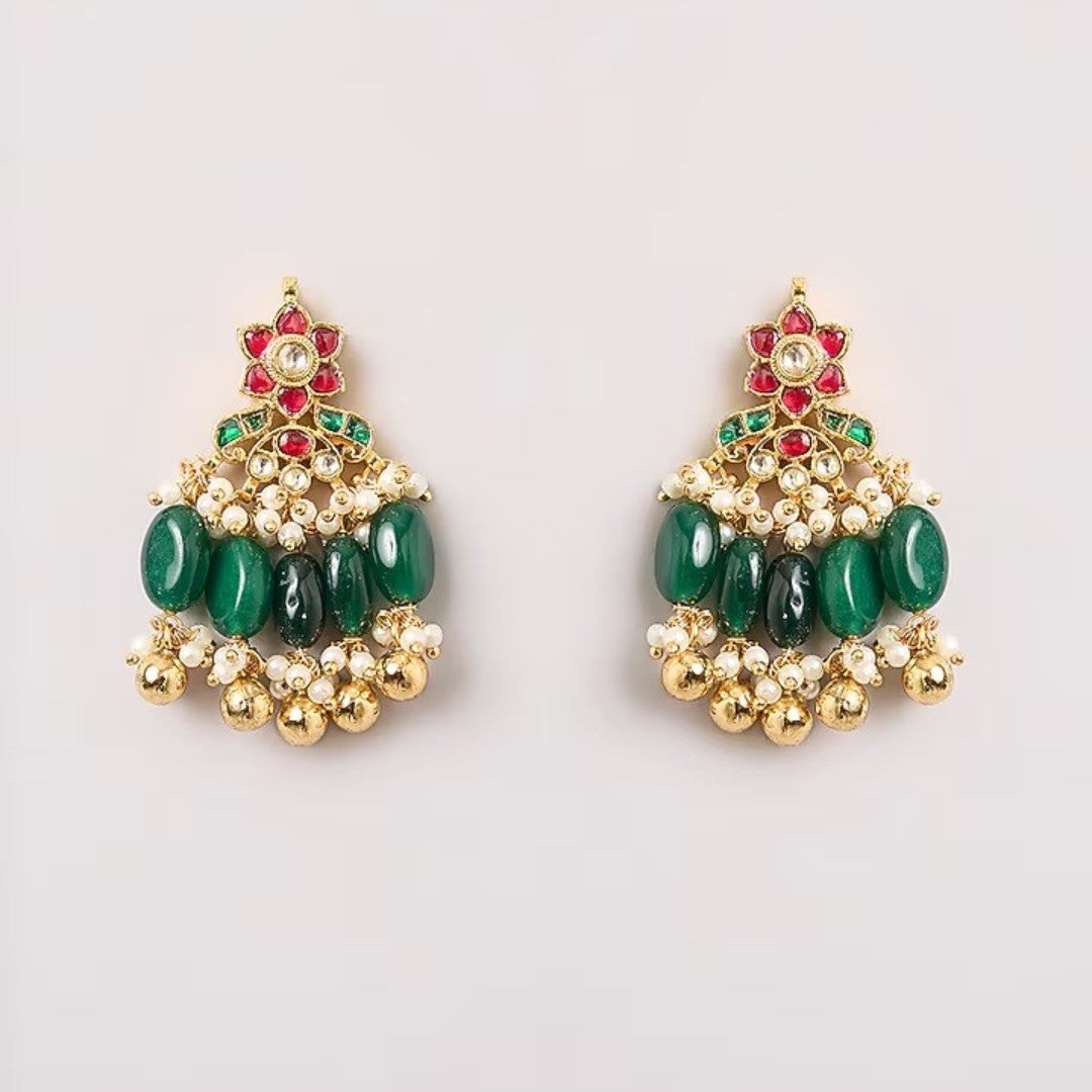 Traditional Kundan pearl choker necklace set with green bead drops and matching earrings in gold-plated finish for bridal and festive wear.